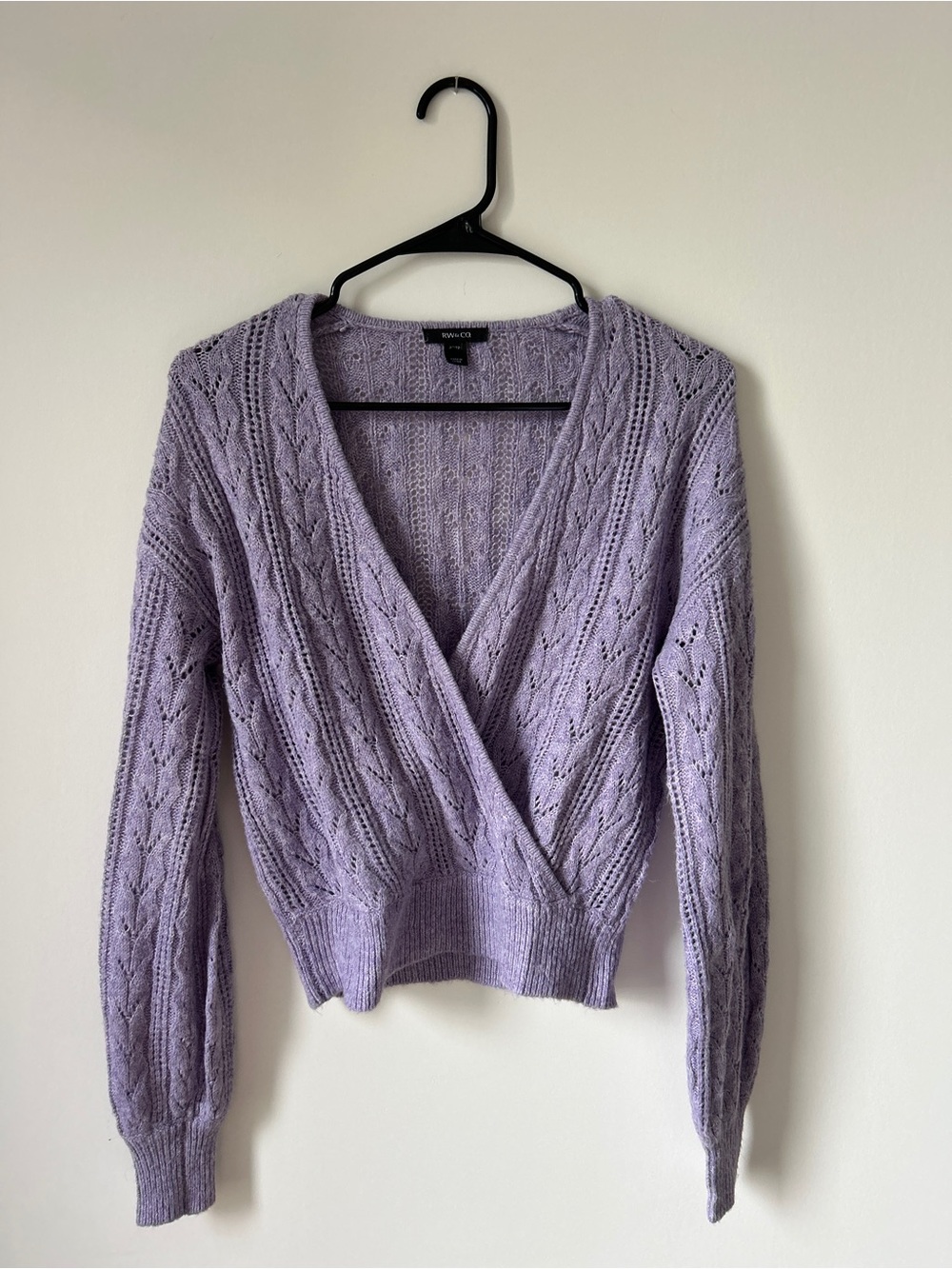 RW&CO. Lavender V-Neck Cable Knit Wrap Sweater